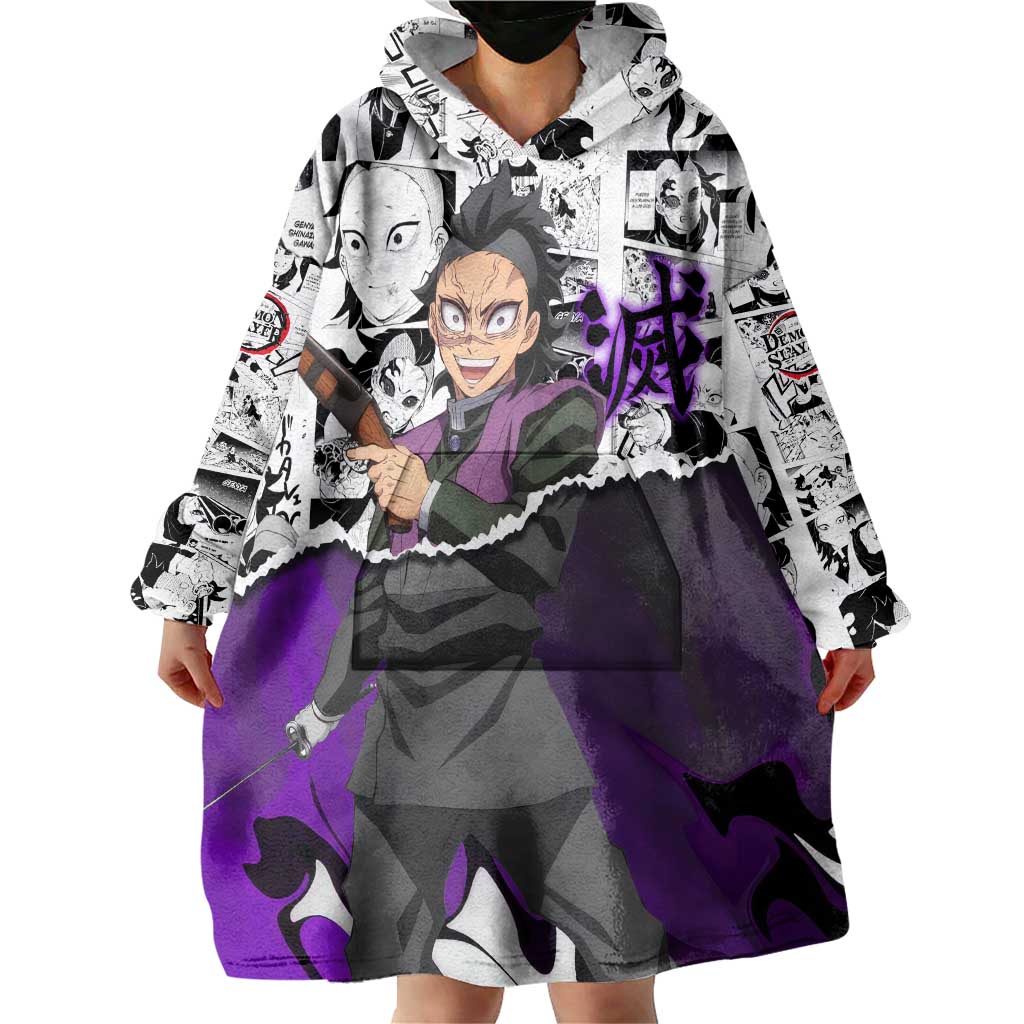 Genya Shinazugawa Demon Slayer Manga Panel Black and White Theme Wearable Blanket Hoodie with Purple Accents and Gun Action Pose - The Mazicc