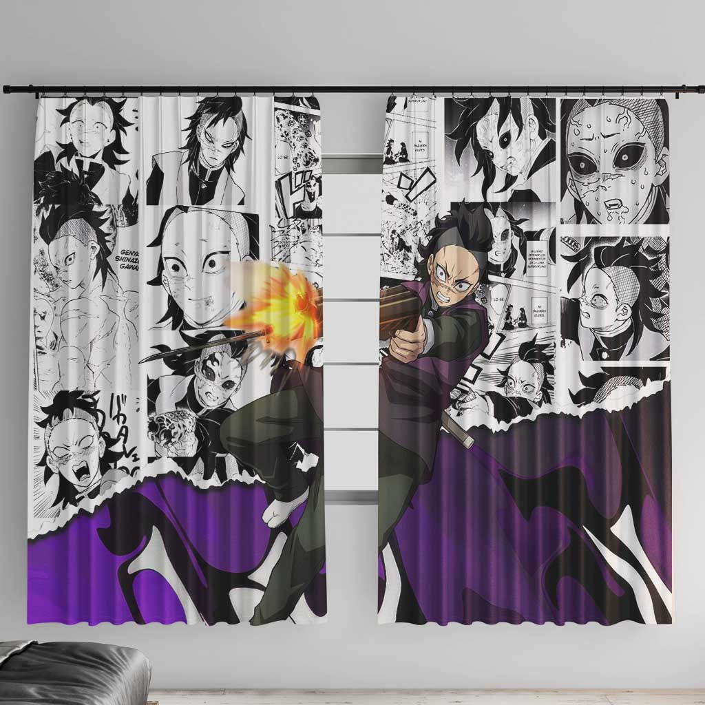 Genya Shinazugawa Demon Slayer Manga Panel Black and White Theme Window Curtain with Purple Accents and Gun Action Pose - The Mazicc