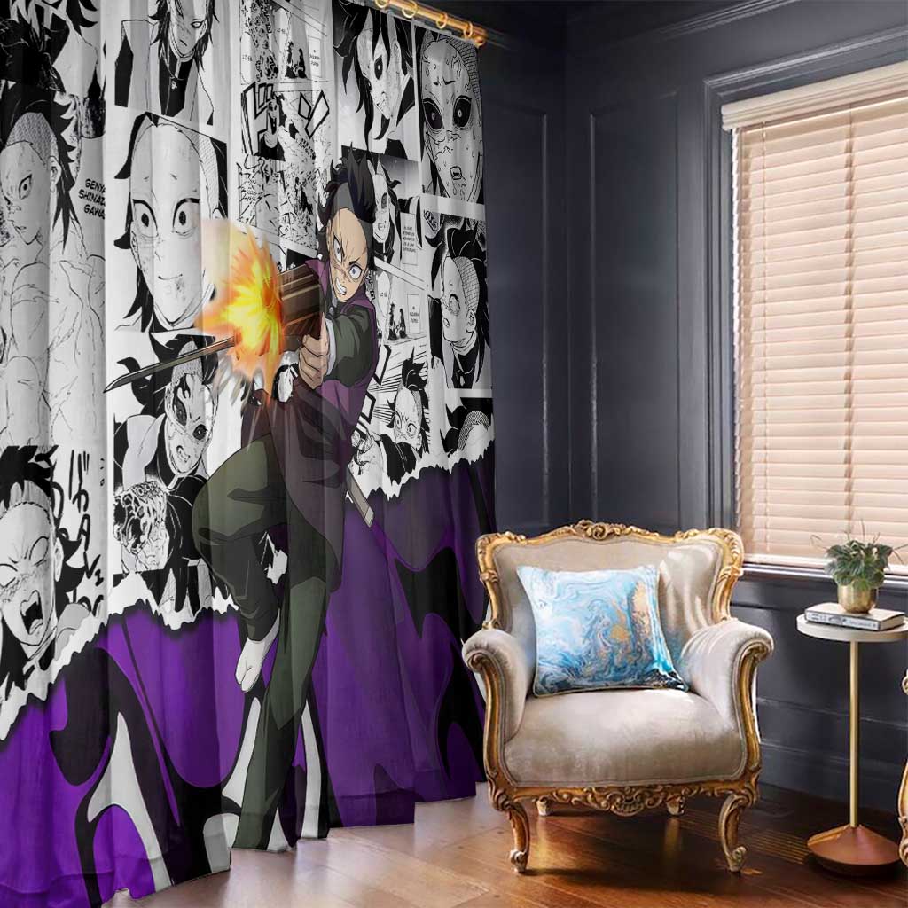 Genya Shinazugawa Demon Slayer Manga Panel Black and White Theme Window Curtain with Purple Accents and Gun Action Pose - The Mazicc
