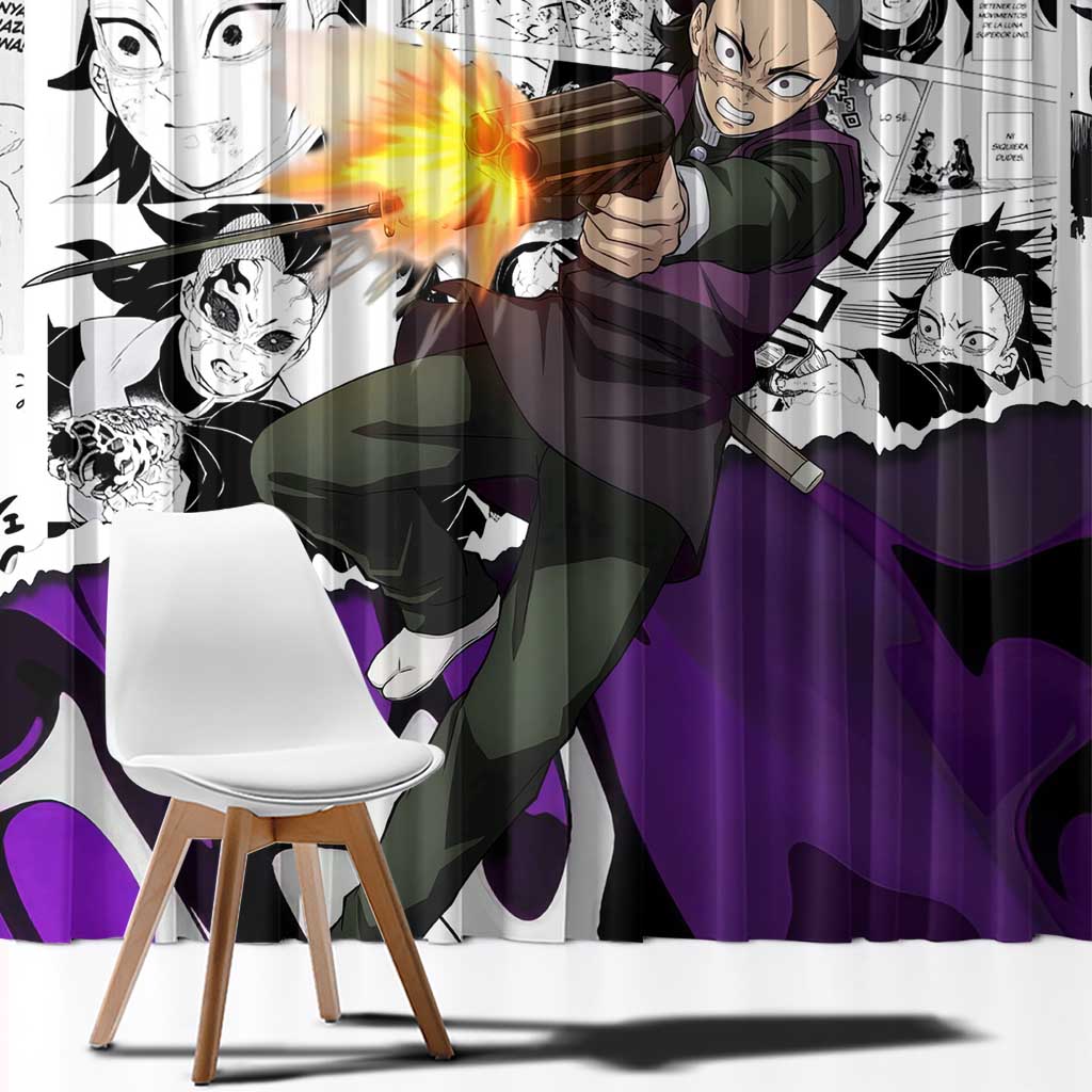 Genya Shinazugawa Demon Slayer Manga Panel Black and White Theme Window Curtain with Purple Accents and Gun Action Pose - The Mazicc