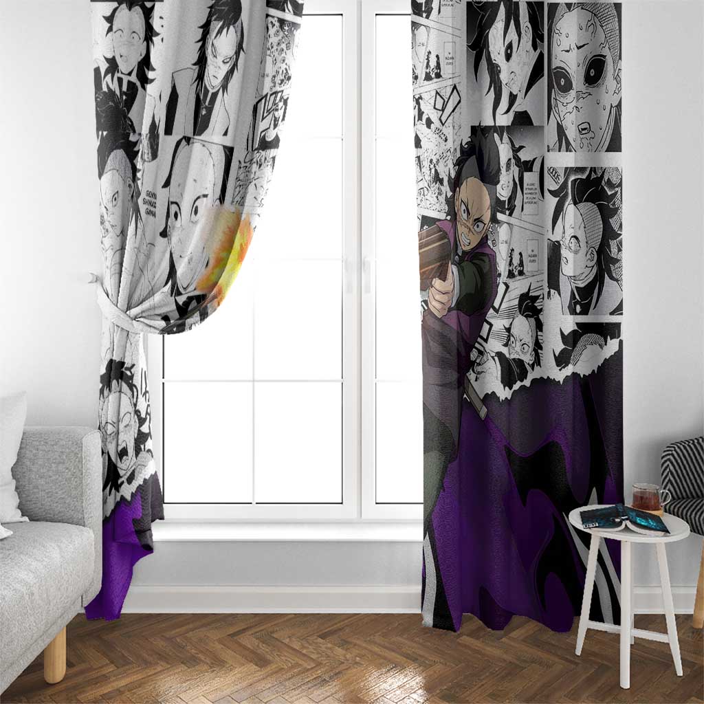 Genya Shinazugawa Demon Slayer Manga Panel Black and White Theme Window Curtain with Purple Accents and Gun Action Pose - The Mazicc