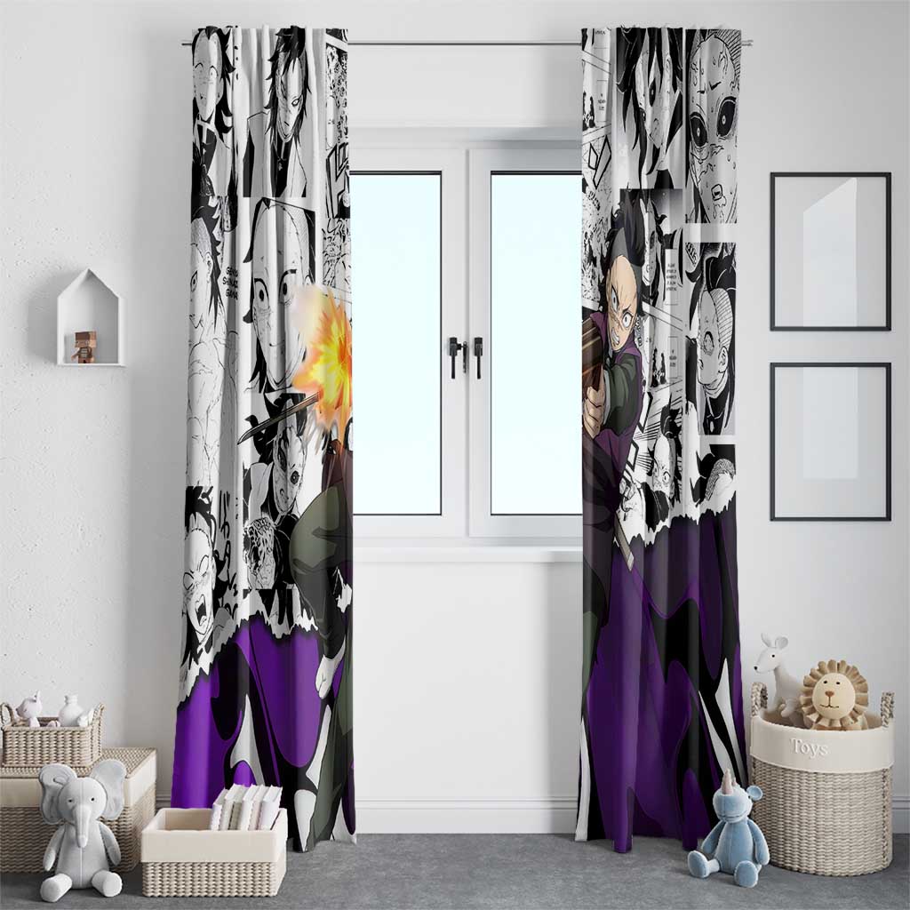 Genya Shinazugawa Demon Slayer Manga Panel Black and White Theme Window Curtain with Purple Accents and Gun Action Pose - The Mazicc