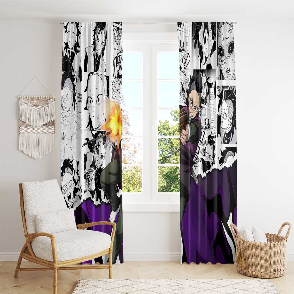 Genya Shinazugawa Demon Slayer Manga Panel Black and White Theme Window Curtain with Purple Accents and Gun Action Pose - The Mazicc