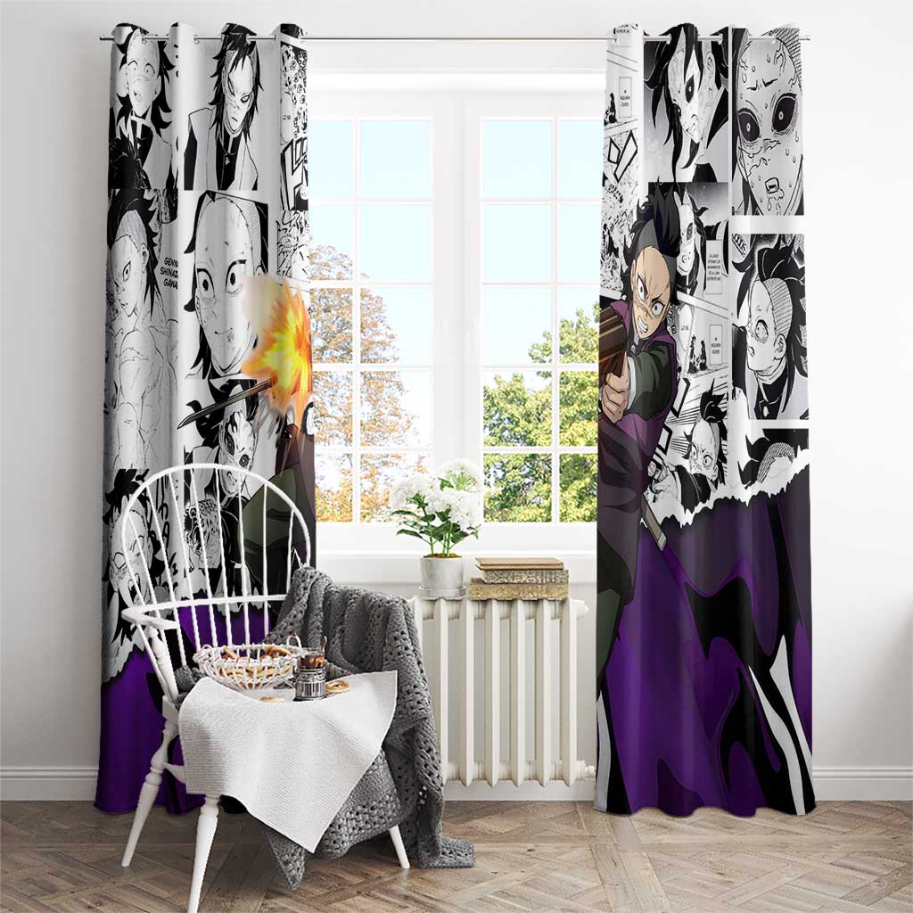 Genya Shinazugawa Demon Slayer Manga Panel Black and White Theme Window Curtain with Purple Accents and Gun Action Pose - The Mazicc