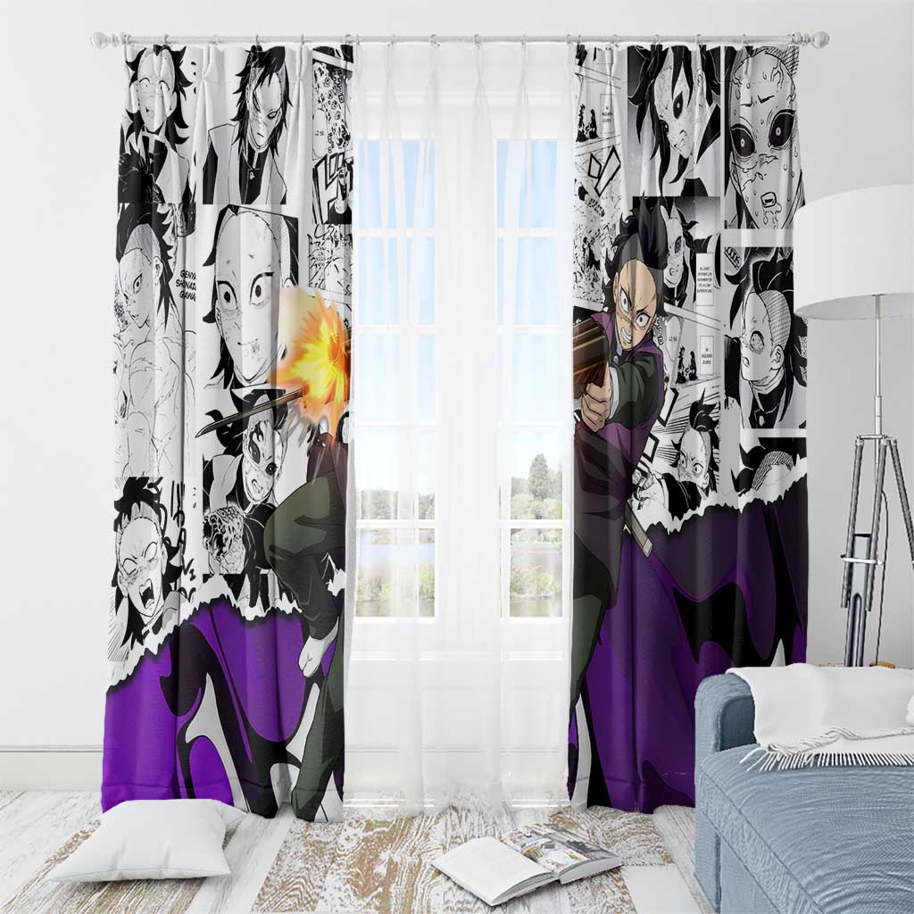 Genya Shinazugawa Demon Slayer Manga Panel Black and White Theme Window Curtain with Purple Accents and Gun Action Pose - The Mazicc