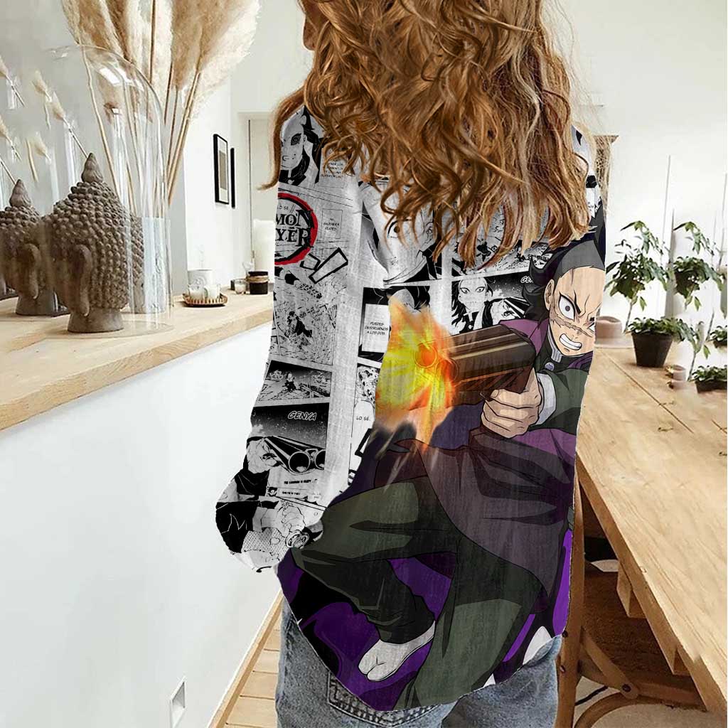 Genya Shinazugawa Demon Slayer Manga Panel Black and White Theme Women Casual Shirt with Purple Accents and Gun Action Pose - The Mazicc