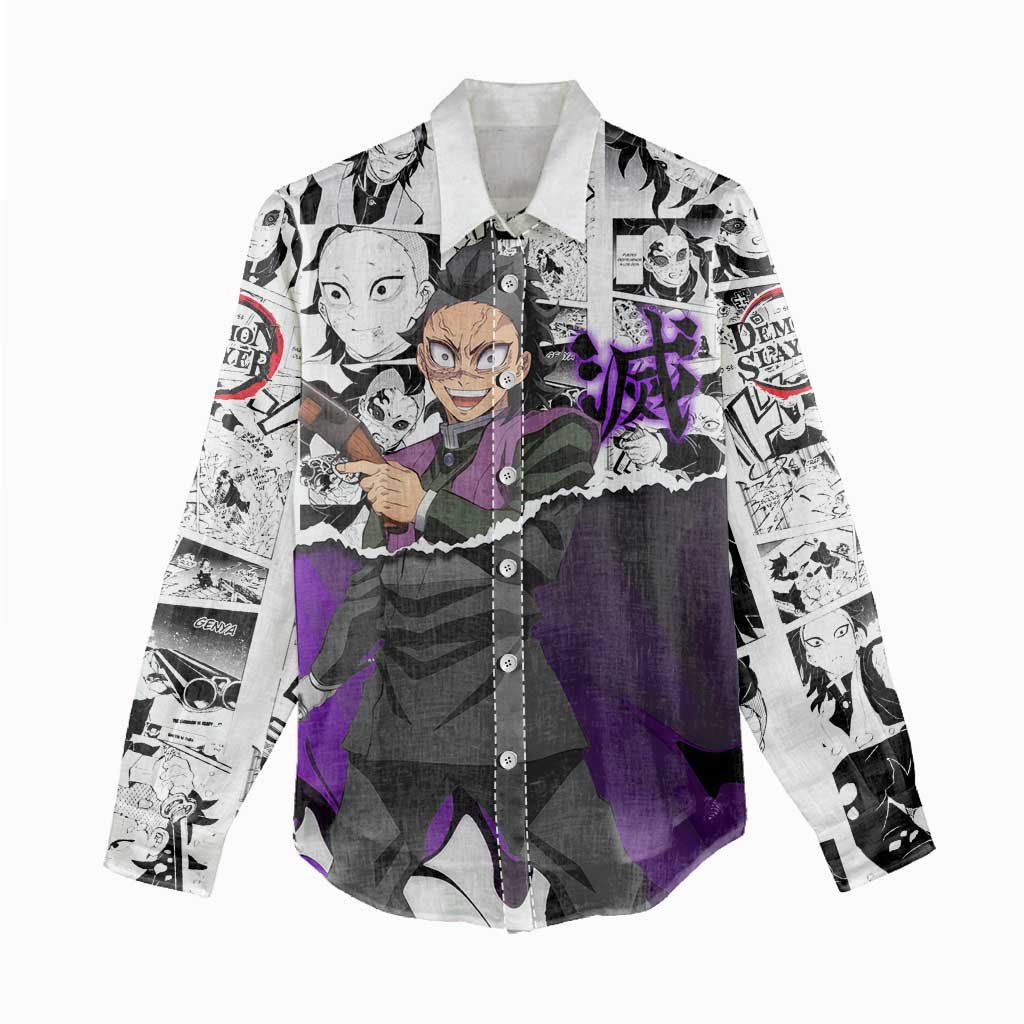 Genya Shinazugawa Demon Slayer Manga Panel Black and White Theme Women Casual Shirt with Purple Accents and Gun Action Pose - The Mazicc