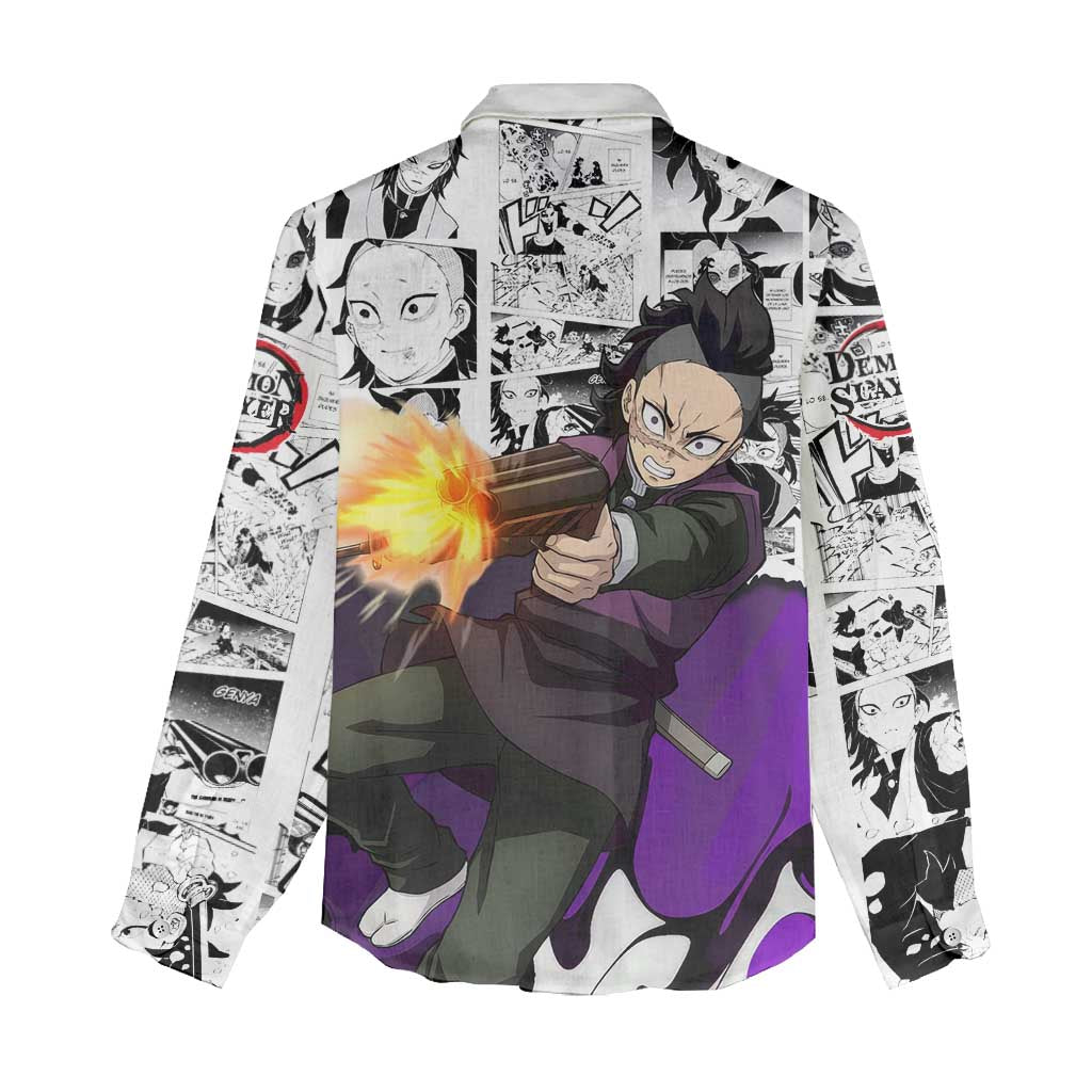 Genya Shinazugawa Demon Slayer Manga Panel Black and White Theme Women Casual Shirt with Purple Accents and Gun Action Pose - The Mazicc