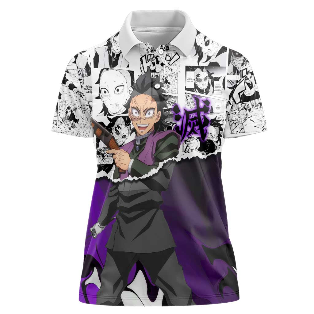 Genya Shinazugawa Demon Slayer Manga Panel Black and White Theme Women Polo Shirt with Purple Accents and Gun Action Pose - The Mazicc