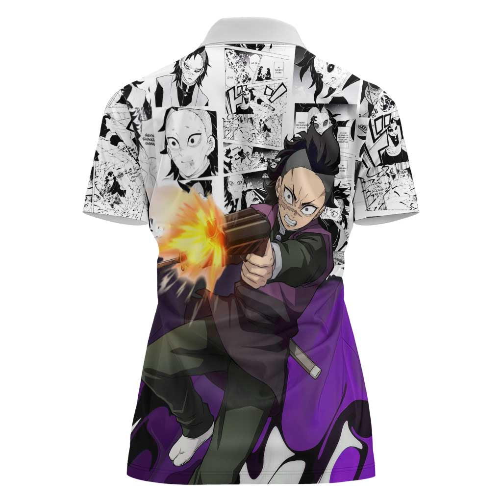 Genya Shinazugawa Demon Slayer Manga Panel Black and White Theme Women Polo Shirt with Purple Accents and Gun Action Pose - The Mazicc