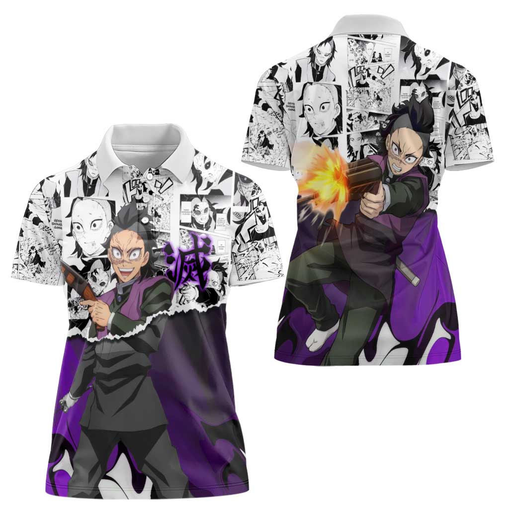 Genya Shinazugawa Demon Slayer Manga Panel Black and White Theme Women Polo Shirt with Purple Accents and Gun Action Pose - The Mazicc