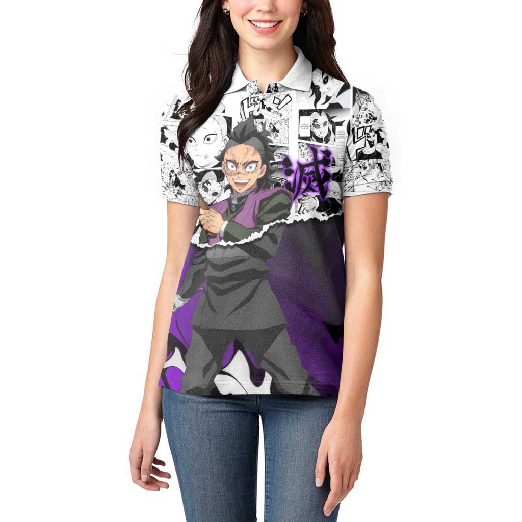 Genya Shinazugawa Demon Slayer Manga Panel Black and White Theme Women Polo Shirt with Purple Accents and Gun Action Pose - The Mazicc