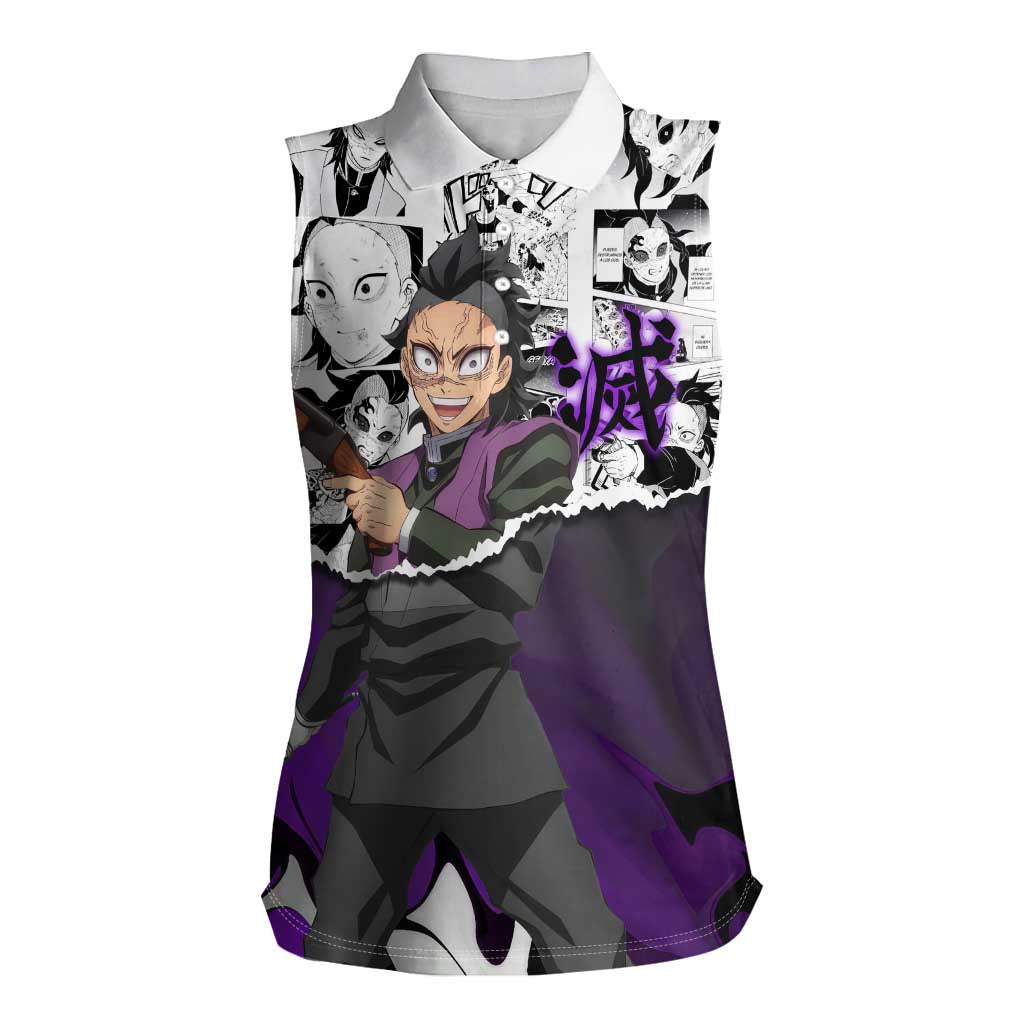 Genya Shinazugawa Demon Slayer Manga Panel Black and White Theme Women Sleeveless Polo Shirt with Purple Accents and Gun Action Pose - The Mazicc