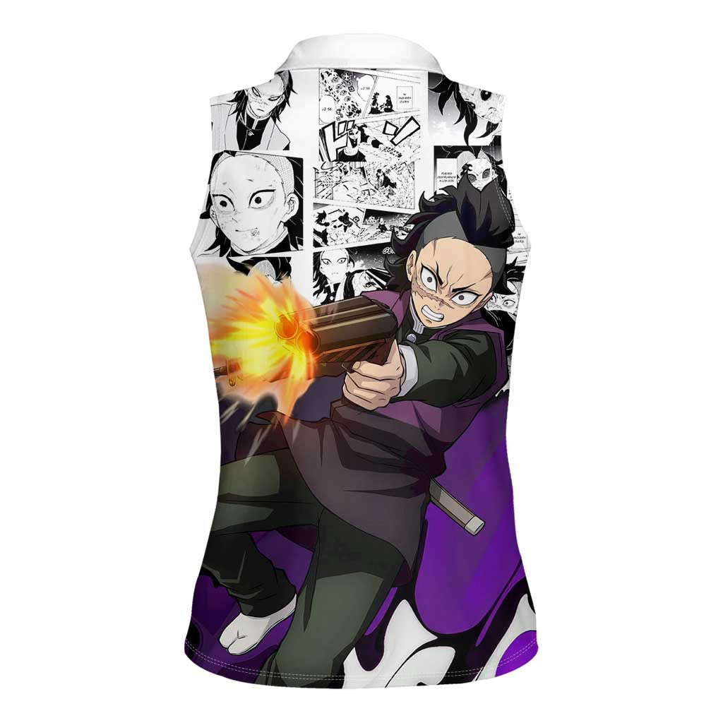 Genya Shinazugawa Demon Slayer Manga Panel Black and White Theme Women Sleeveless Polo Shirt with Purple Accents and Gun Action Pose - The Mazicc