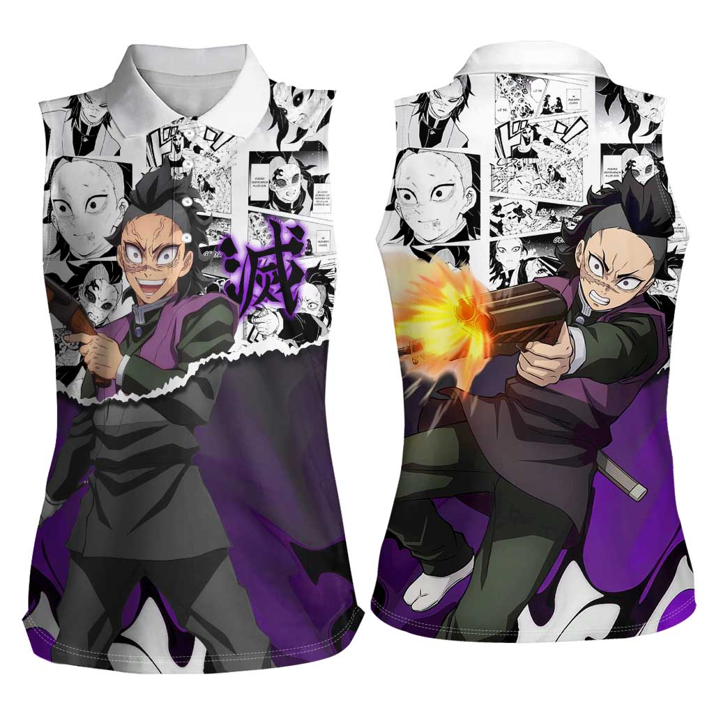 Genya Shinazugawa Demon Slayer Manga Panel Black and White Theme Women Sleeveless Polo Shirt with Purple Accents and Gun Action Pose - The Mazicc