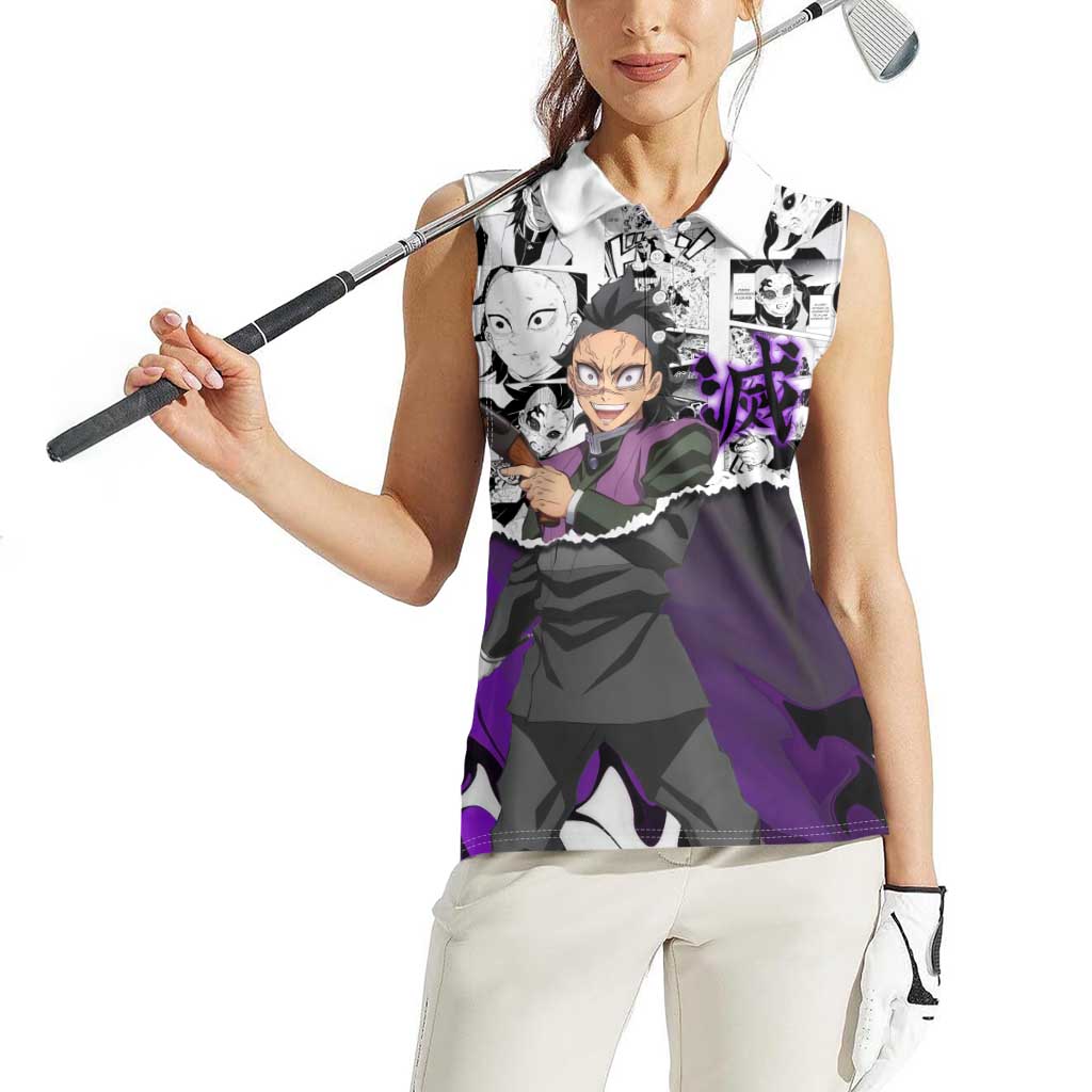 Genya Shinazugawa Demon Slayer Manga Panel Black and White Theme Women Sleeveless Polo Shirt with Purple Accents and Gun Action Pose - The Mazicc