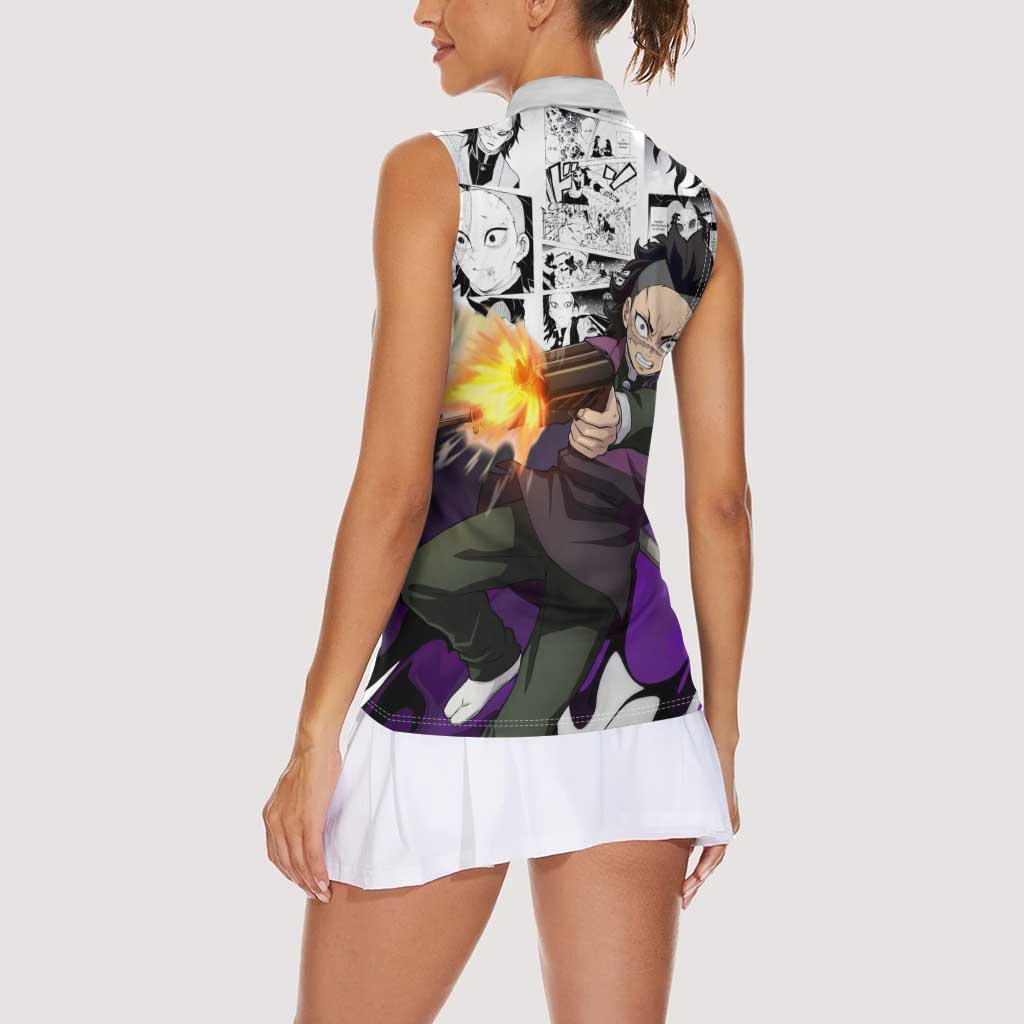 Genya Shinazugawa Demon Slayer Manga Panel Black and White Theme Women Sleeveless Polo Shirt with Purple Accents and Gun Action Pose - The Mazicc