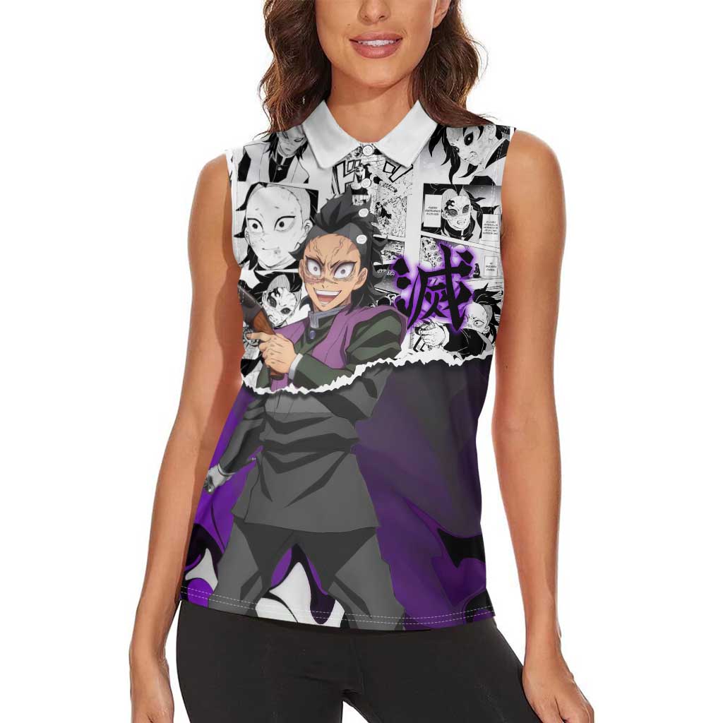 Genya Shinazugawa Demon Slayer Manga Panel Black and White Theme Women Sleeveless Polo Shirt with Purple Accents and Gun Action Pose - The Mazicc