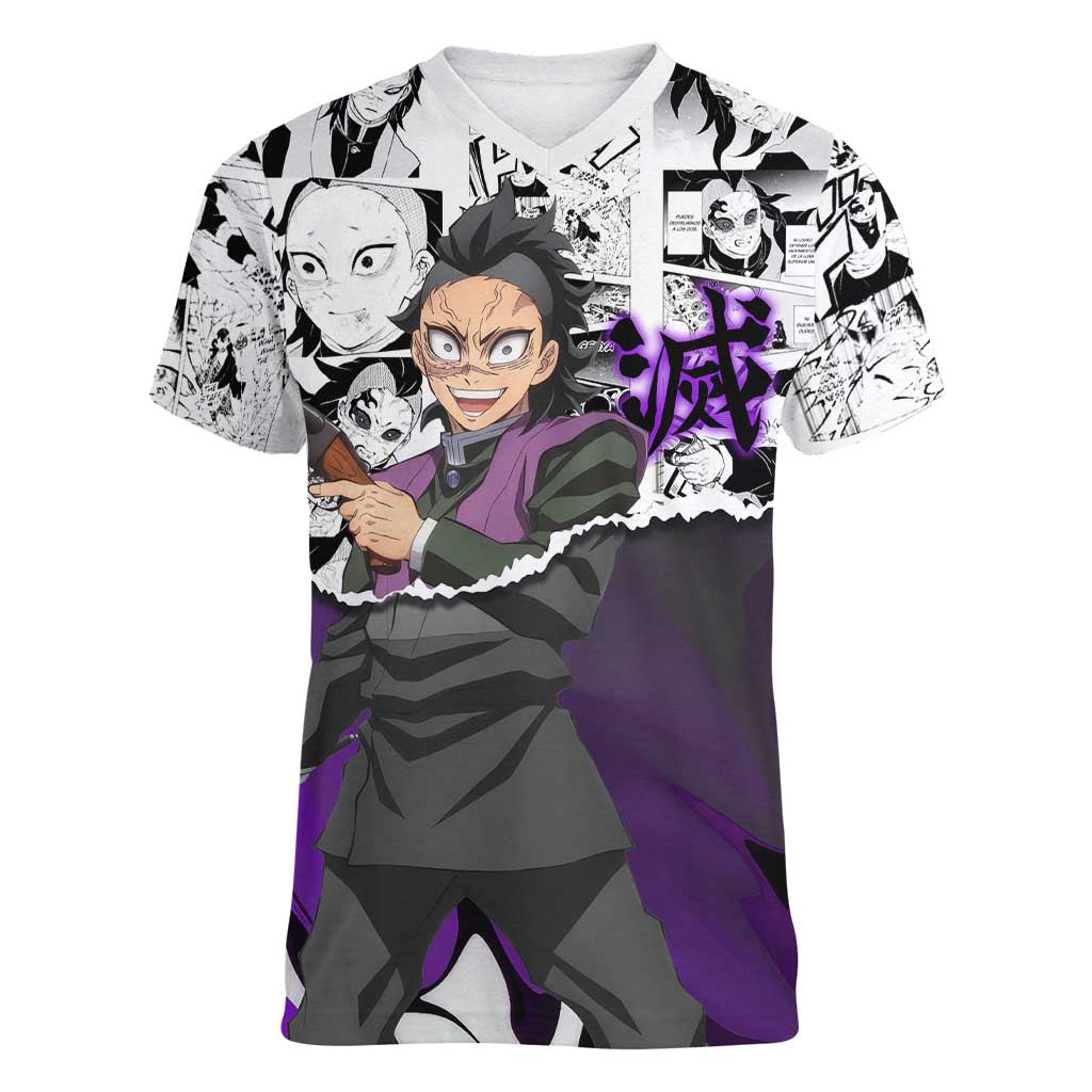 Genya Shinazugawa Demon Slayer Manga Panel Black and White Theme Women V-Neck T-Shirt with Purple Accents and Gun Action Pose - The Mazicc