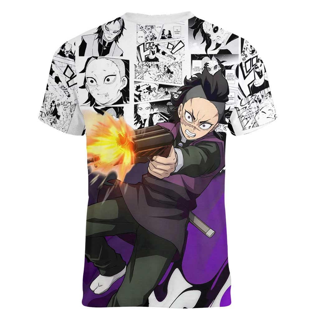Genya Shinazugawa Demon Slayer Manga Panel Black and White Theme Women V-Neck T-Shirt with Purple Accents and Gun Action Pose - The Mazicc