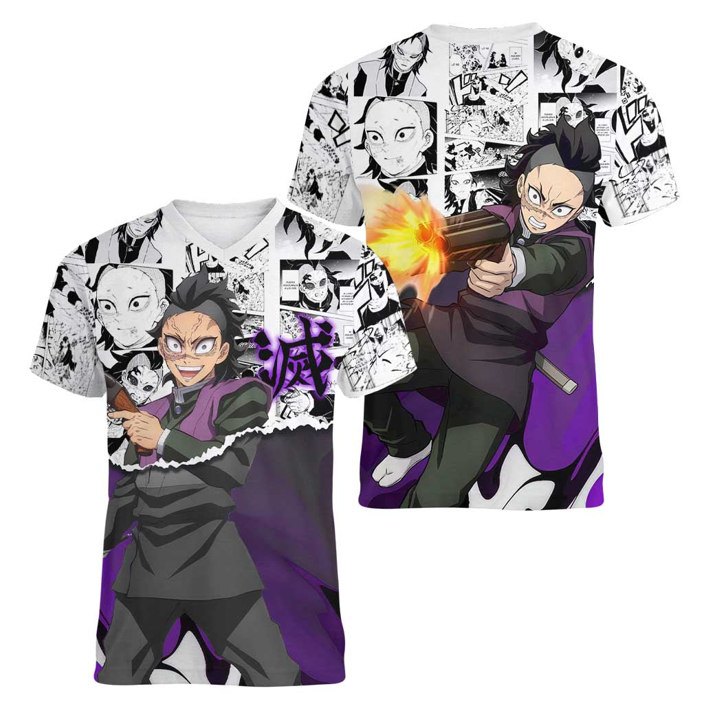 Genya Shinazugawa Demon Slayer Manga Panel Black and White Theme Women V-Neck T-Shirt with Purple Accents and Gun Action Pose - The Mazicc