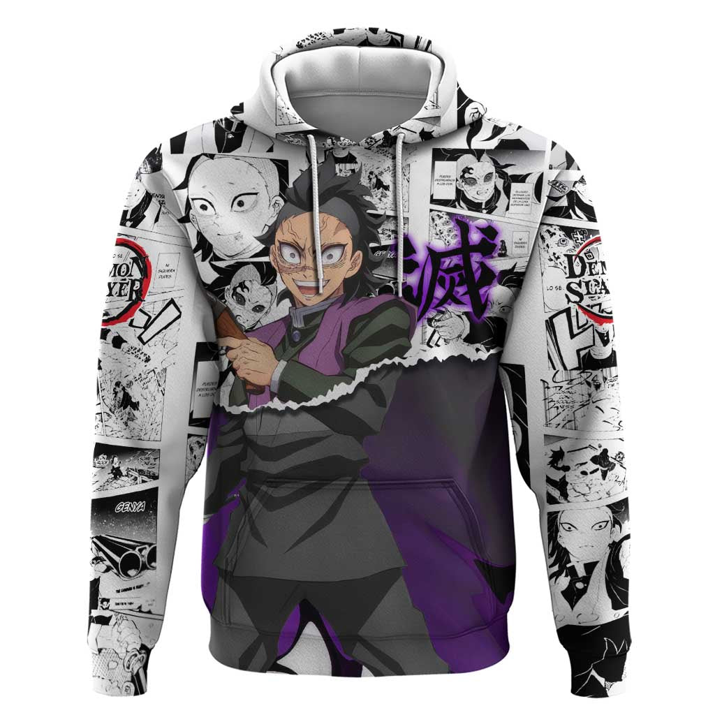 Genya Shinazugawa Demon Slayer Manga Panel Black and White Theme Zip Hoodie with Purple Accents and Gun Action Pose - The Mazicc