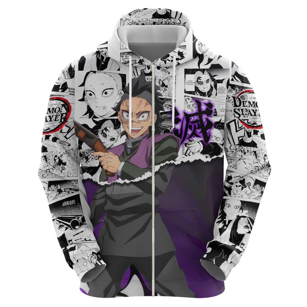 Genya Shinazugawa Demon Slayer Manga Panel Black and White Theme Zip Hoodie with Purple Accents and Gun Action Pose - The Mazicc