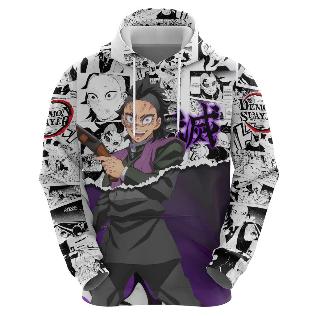 Genya Shinazugawa Demon Slayer Manga Panel Black and White Theme Zip Hoodie with Purple Accents and Gun Action Pose - The Mazicc