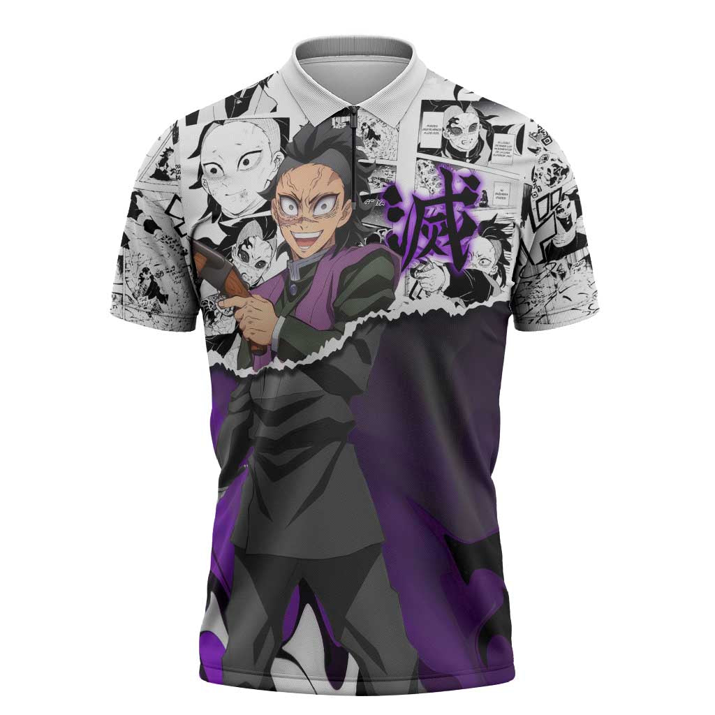 Genya Shinazugawa Demon Slayer Manga Panel Black and White Theme Zipper Polo Shirt with Purple Accents and Gun Action Pose - The Mazicc