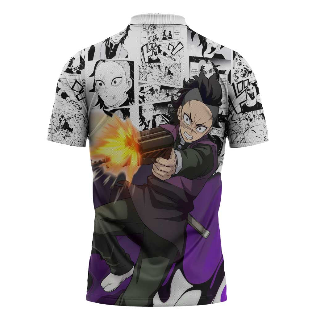 Genya Shinazugawa Demon Slayer Manga Panel Black and White Theme Zipper Polo Shirt with Purple Accents and Gun Action Pose - The Mazicc