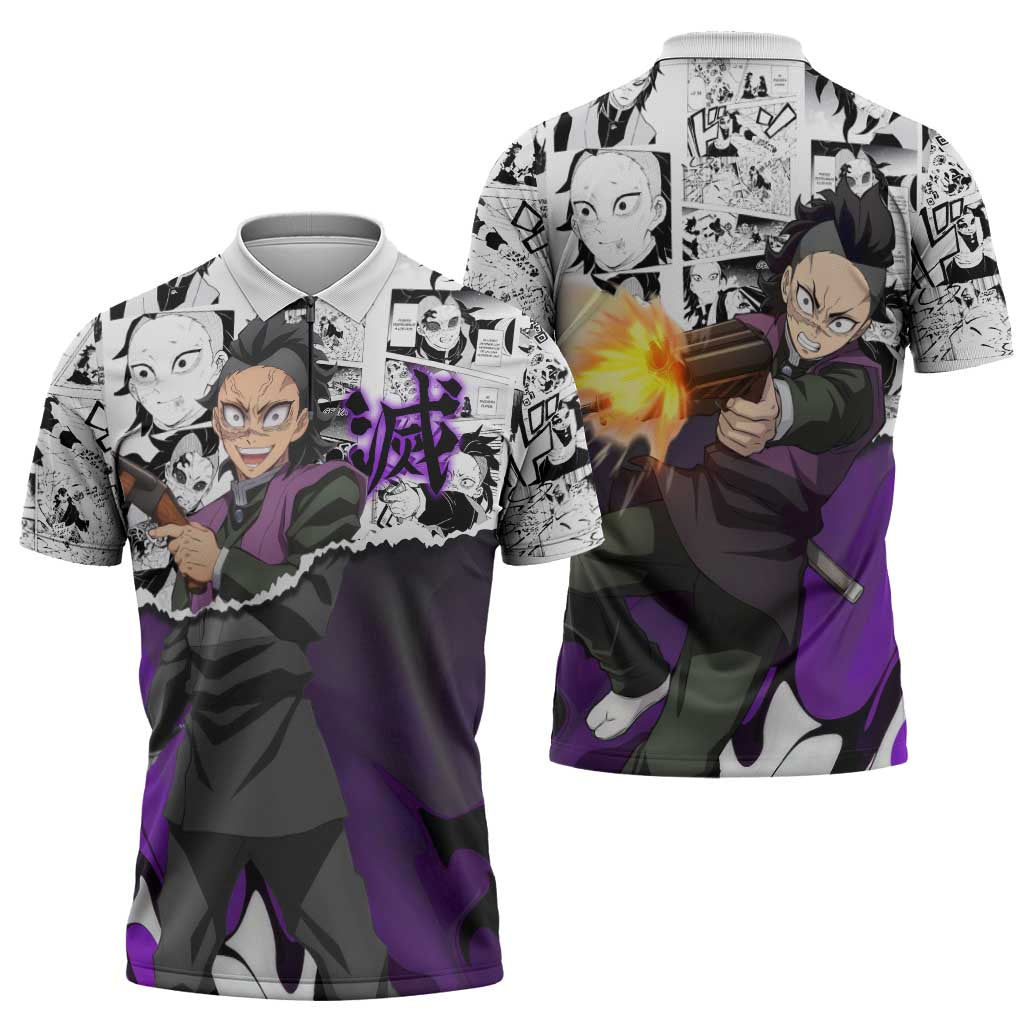 Genya Shinazugawa Demon Slayer Manga Panel Black and White Theme Zipper Polo Shirt with Purple Accents and Gun Action Pose - The Mazicc