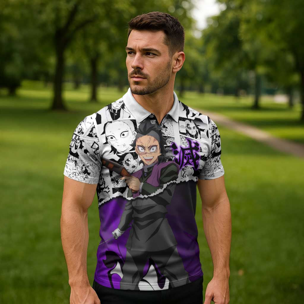 Genya Shinazugawa Demon Slayer Manga Panel Black and White Theme Zipper Polo Shirt with Purple Accents and Gun Action Pose - The Mazicc