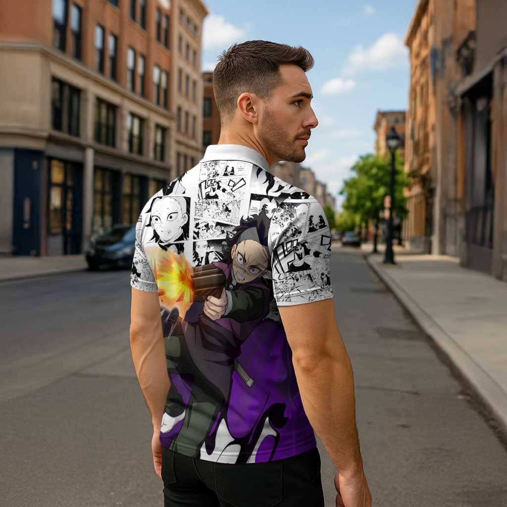 Genya Shinazugawa Demon Slayer Manga Panel Black and White Theme Zipper Polo Shirt with Purple Accents and Gun Action Pose - The Mazicc