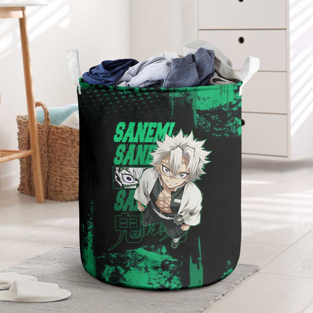 Sanemi Shinazugawa Demon Slayer Green and Black Grunge Laundry Basket Design with Intense Eyes and Wind Hashira Theme - The Mazicc