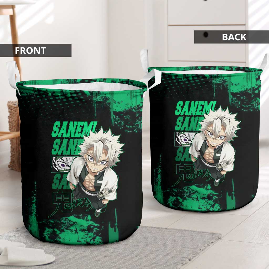 Sanemi Shinazugawa Demon Slayer Green and Black Grunge Laundry Basket Design with Intense Eyes and Wind Hashira Theme - The Mazicc