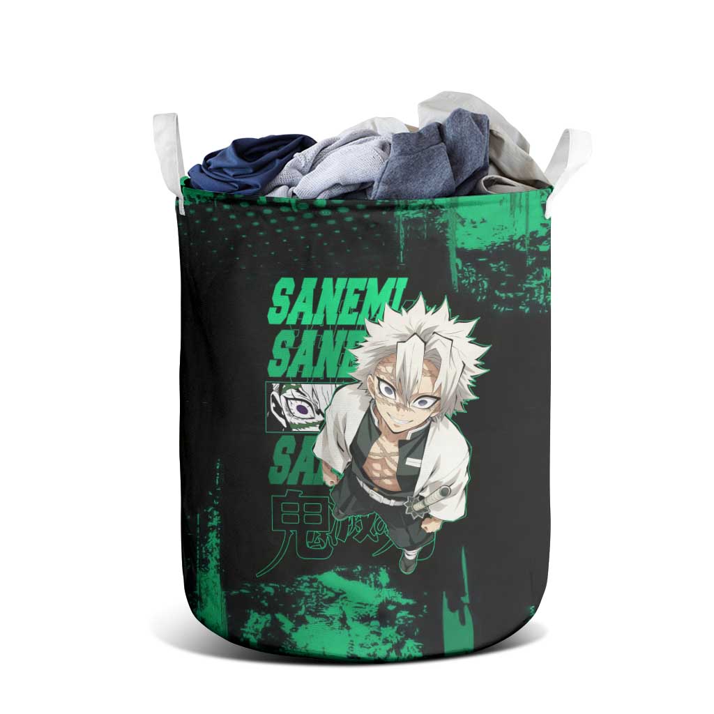 Sanemi Shinazugawa Demon Slayer Green and Black Grunge Laundry Basket Design with Intense Eyes and Wind Hashira Theme - The Mazicc