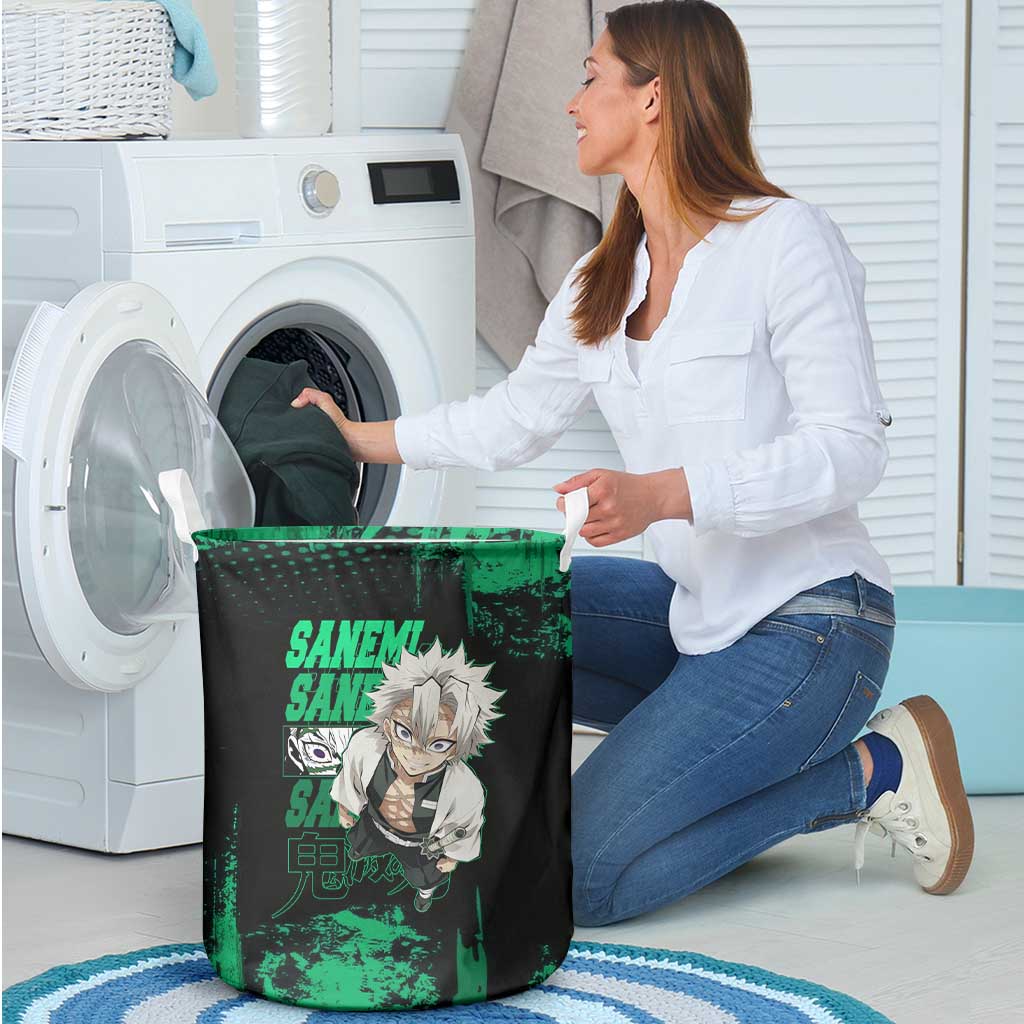 Sanemi Shinazugawa Demon Slayer Green and Black Grunge Laundry Basket Design with Intense Eyes and Wind Hashira Theme - The Mazicc