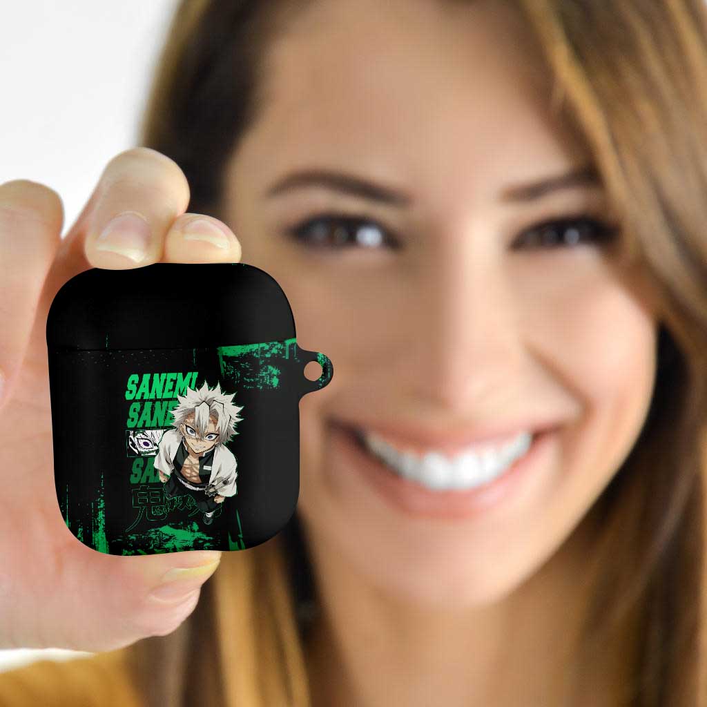 Sanemi Shinazugawa Demon Slayer Green and Black Grunge AirPods Case Design with Intense Eyes and Wind Hashira Theme - The Mazicc