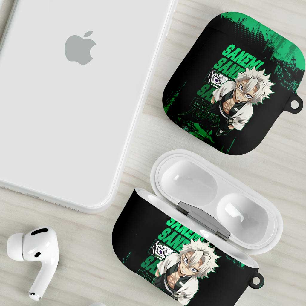 Sanemi Shinazugawa Demon Slayer Green and Black Grunge AirPods Case Design with Intense Eyes and Wind Hashira Theme - The Mazicc