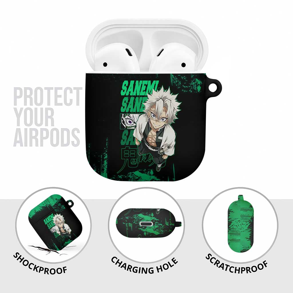 Sanemi Shinazugawa Demon Slayer Green and Black Grunge AirPods Case Design with Intense Eyes and Wind Hashira Theme - The Mazicc