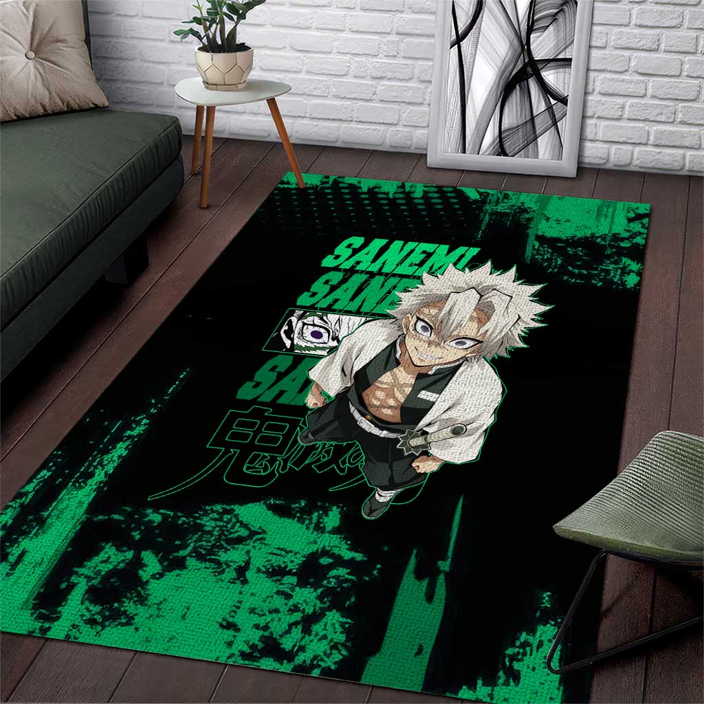 Sanemi Shinazugawa Demon Slayer Green and Black Grunge Area Rug Design with Intense Eyes and Wind Hashira Theme - The Mazicc