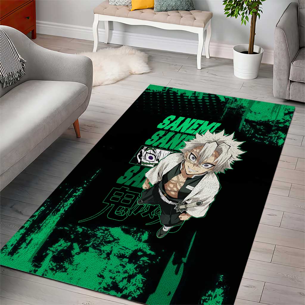 Sanemi Shinazugawa Demon Slayer Green and Black Grunge Area Rug Design with Intense Eyes and Wind Hashira Theme - The Mazicc