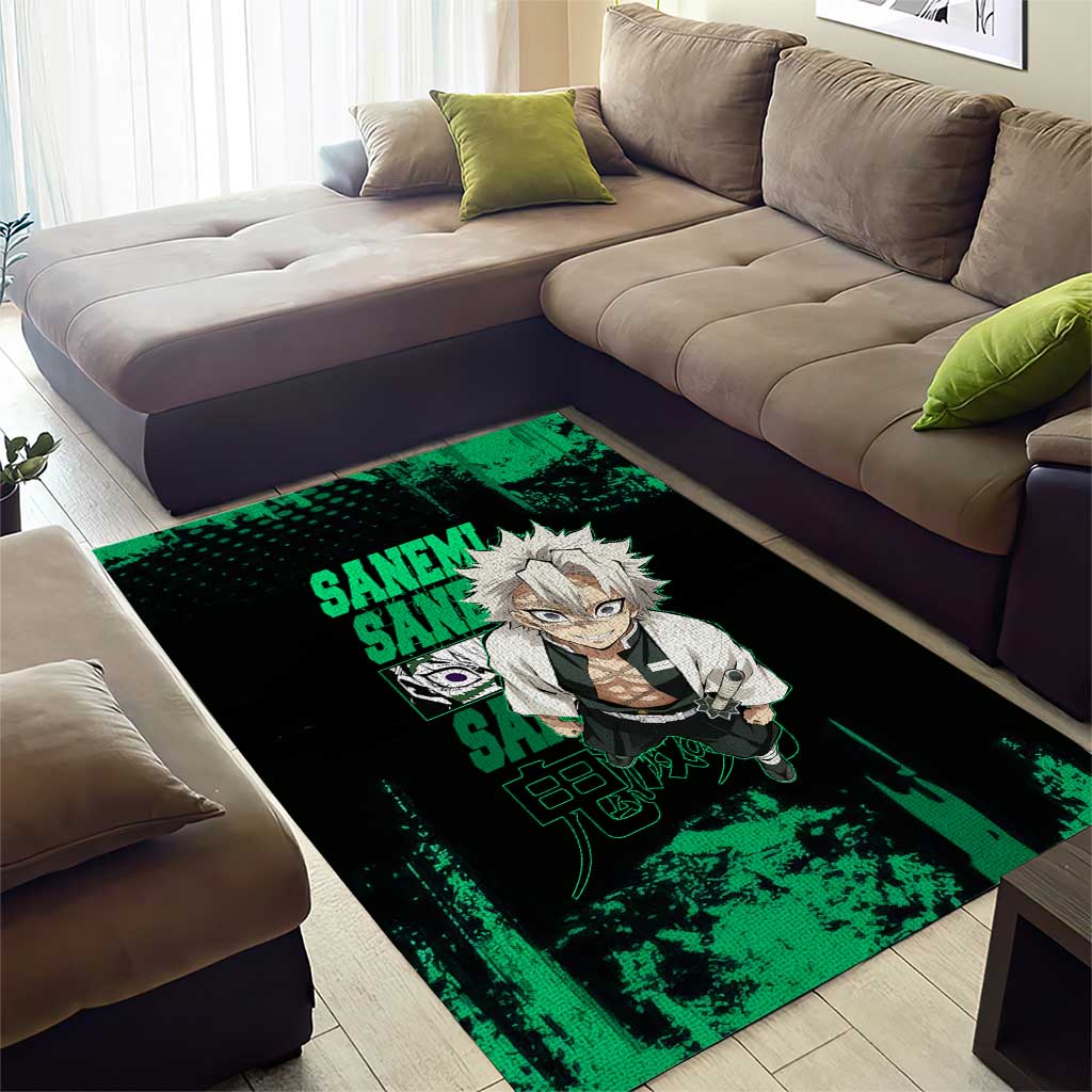 Sanemi Shinazugawa Demon Slayer Green and Black Grunge Area Rug Design with Intense Eyes and Wind Hashira Theme - The Mazicc