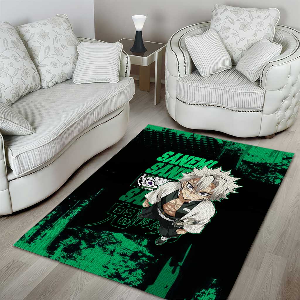 Sanemi Shinazugawa Demon Slayer Green and Black Grunge Area Rug Design with Intense Eyes and Wind Hashira Theme - The Mazicc