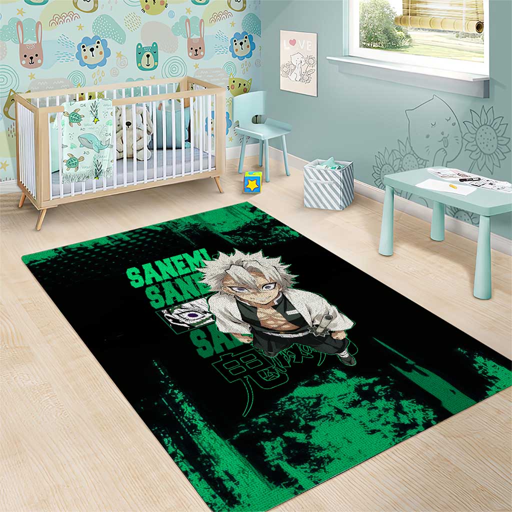 Sanemi Shinazugawa Demon Slayer Green and Black Grunge Area Rug Design with Intense Eyes and Wind Hashira Theme - The Mazicc