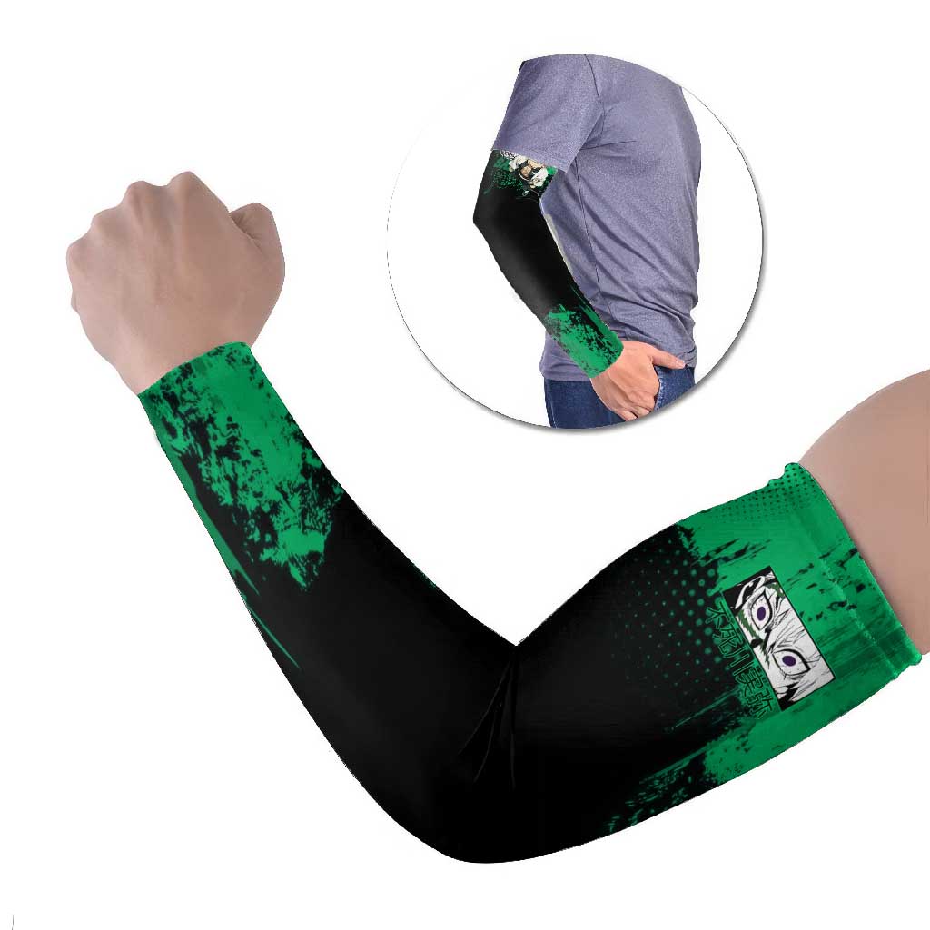 Sanemi Shinazugawa Demon Slayer Green and Black Grunge Arm Sleeves Design with Intense Eyes and Wind Hashira Theme - The Mazicc