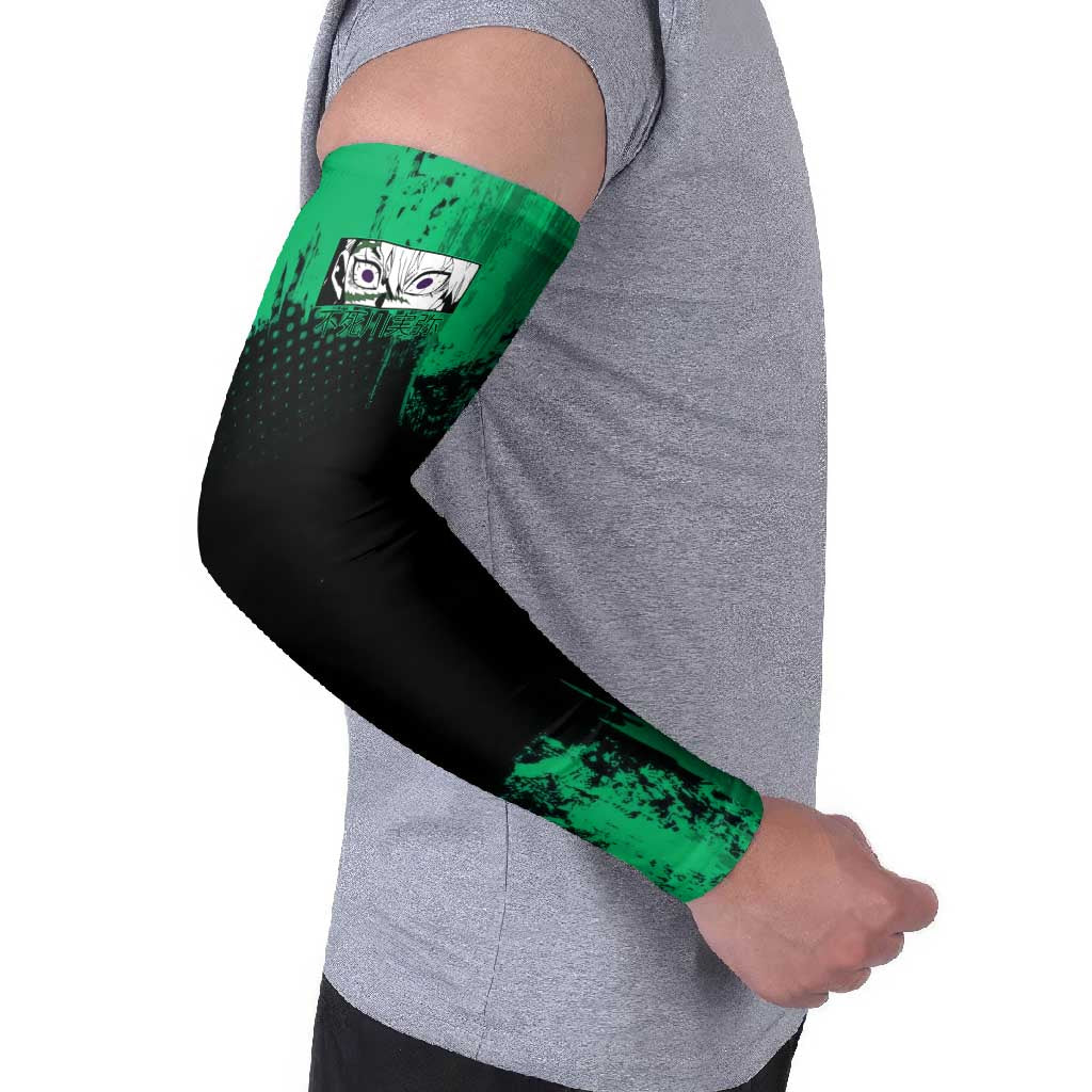 Sanemi Shinazugawa Demon Slayer Green and Black Grunge Arm Sleeves Design with Intense Eyes and Wind Hashira Theme - The Mazicc