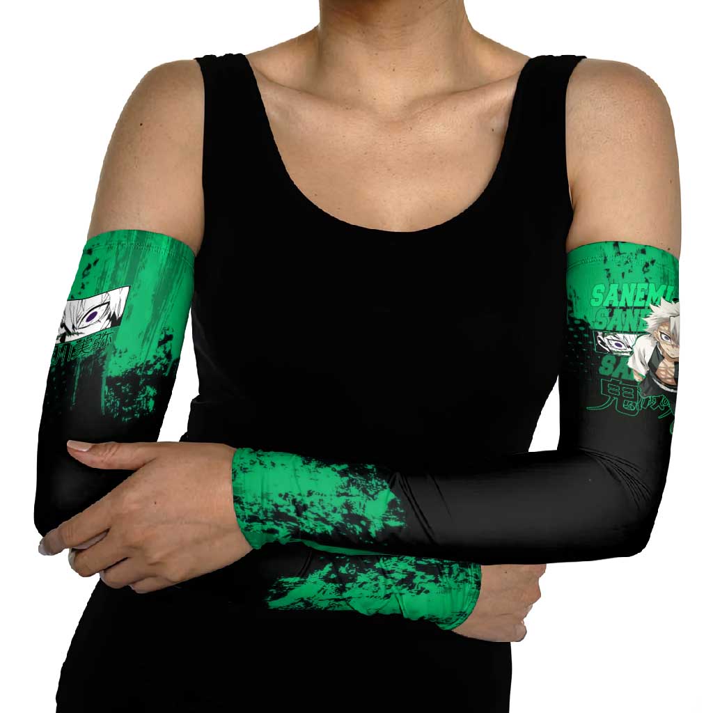 Sanemi Shinazugawa Demon Slayer Green and Black Grunge Arm Sleeves Design with Intense Eyes and Wind Hashira Theme - The Mazicc