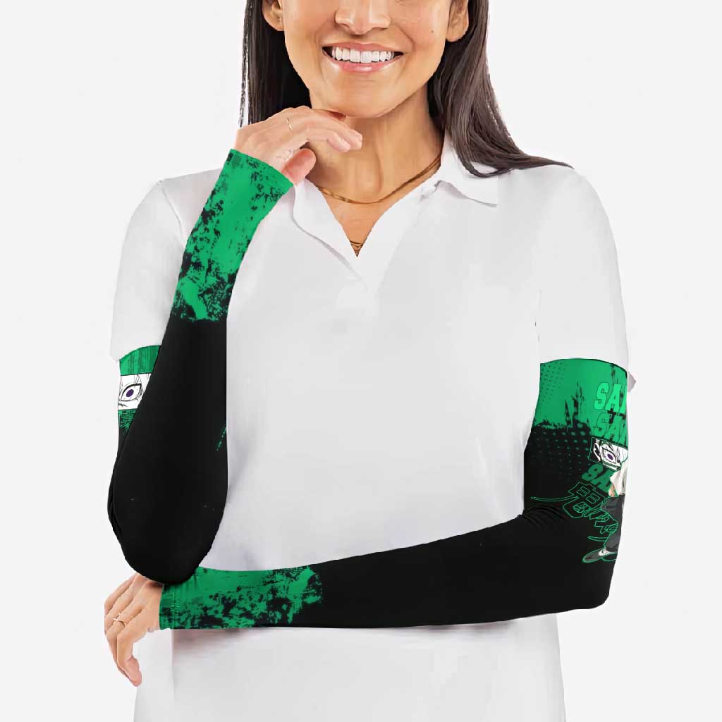 Sanemi Shinazugawa Demon Slayer Green and Black Grunge Arm Sleeves Design with Intense Eyes and Wind Hashira Theme - The Mazicc