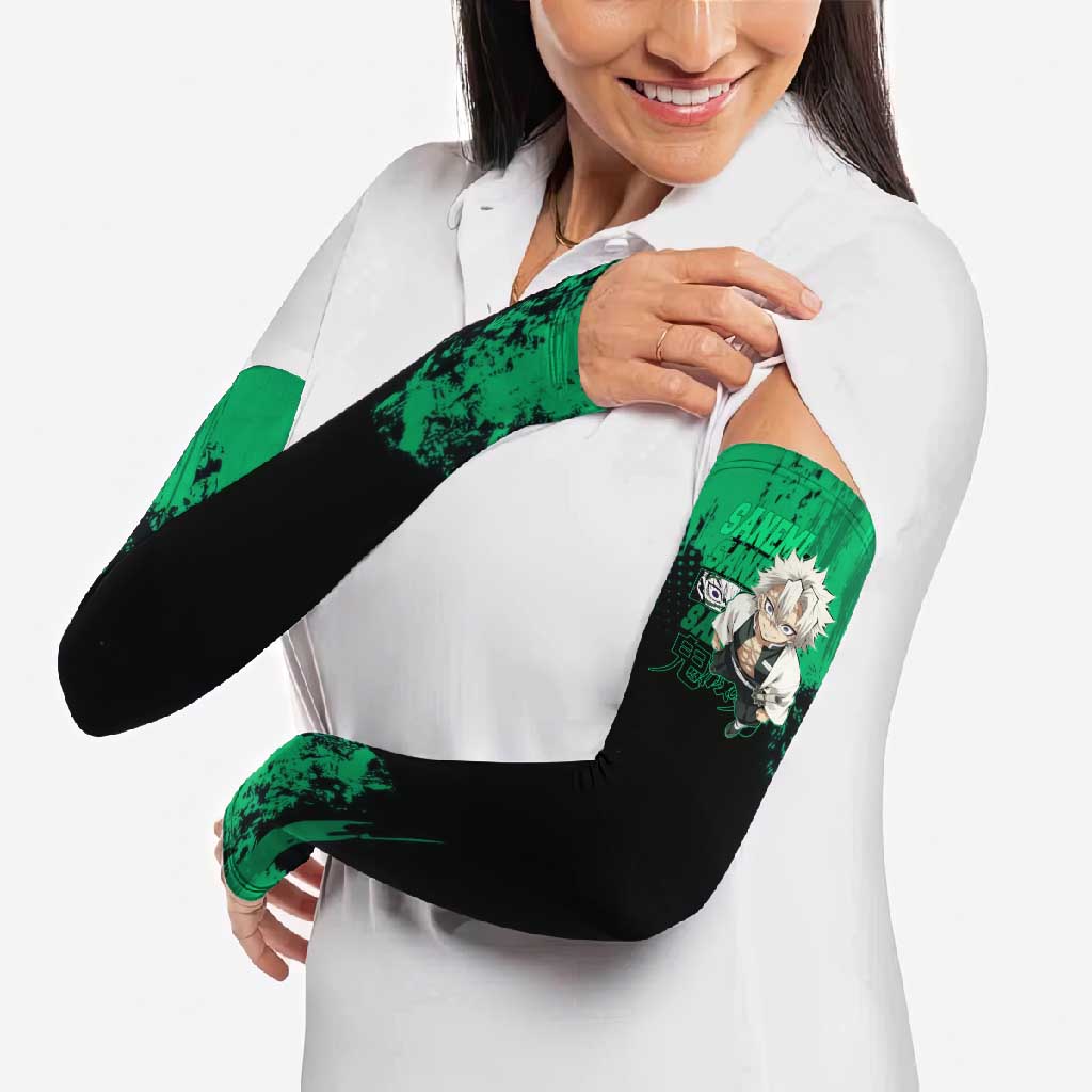 Sanemi Shinazugawa Demon Slayer Green and Black Grunge Arm Sleeves Design with Intense Eyes and Wind Hashira Theme - The Mazicc